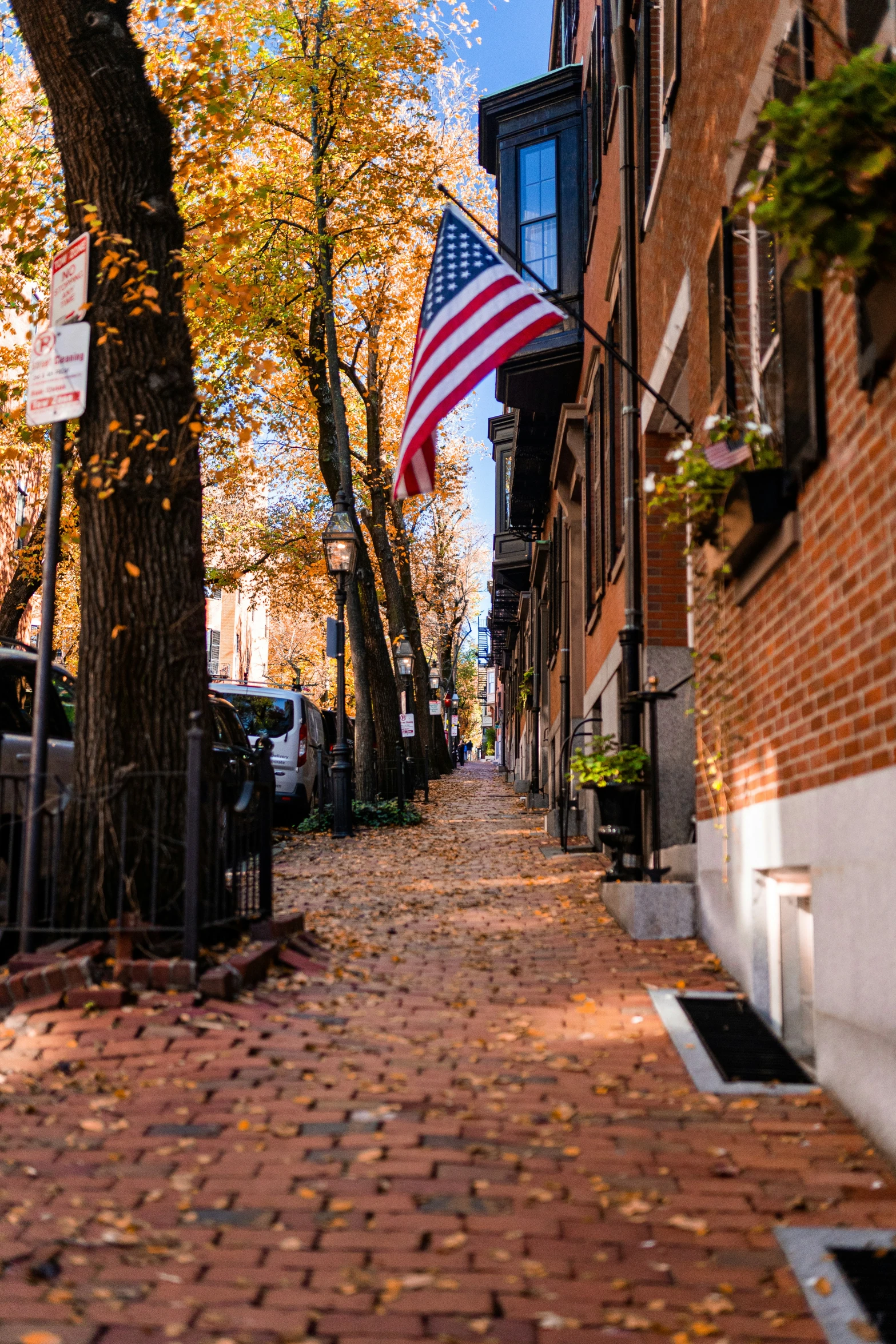 flagpoles hang off a brick building in the fall