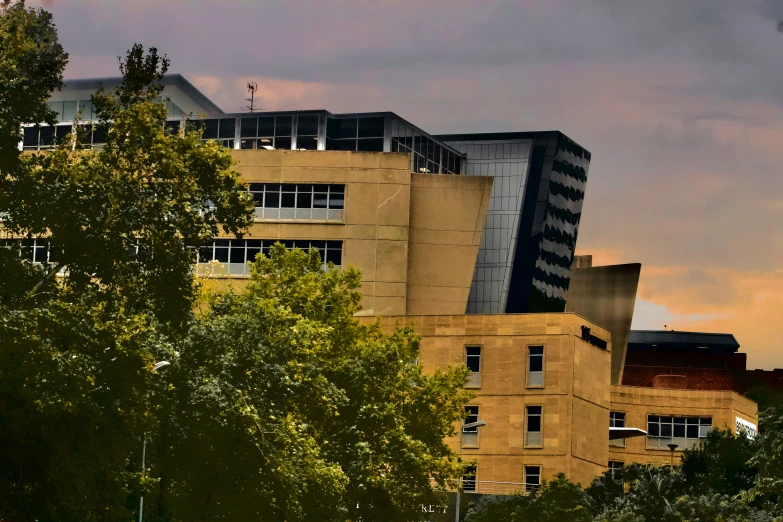 a picture of some buildings near trees