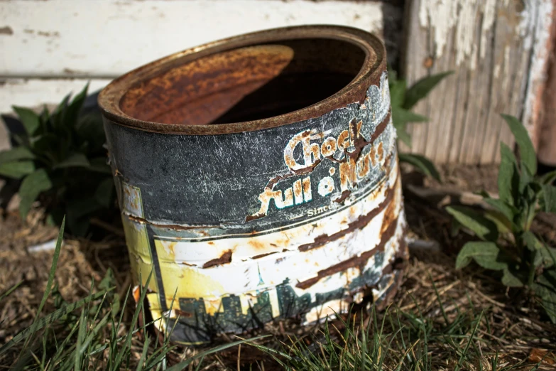 a rusty trash can outside in the grass