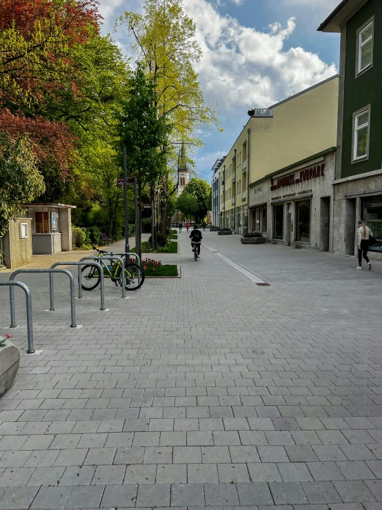 the people are walking down the street with their bicycles