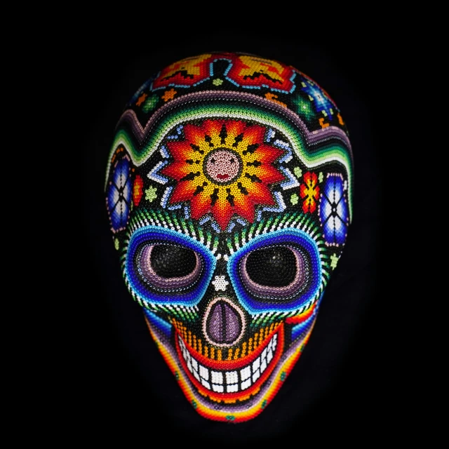 a colorful skeleton is on display in the dark