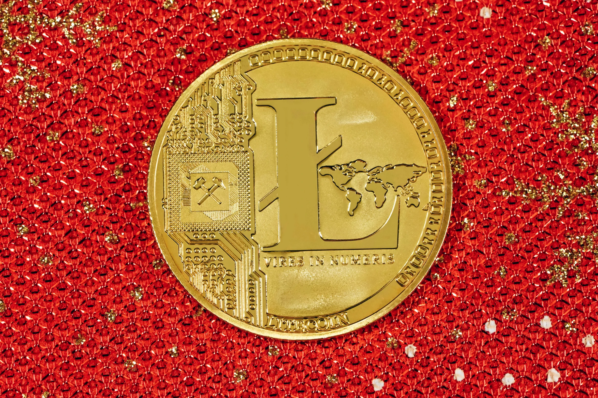 the back side of a red bag with a golden coin on it