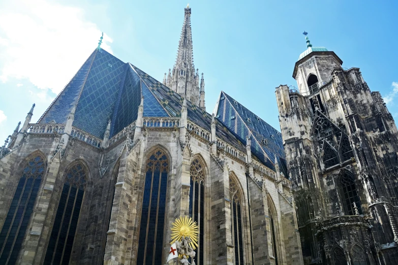 a view of a gothic church with a blue sky background