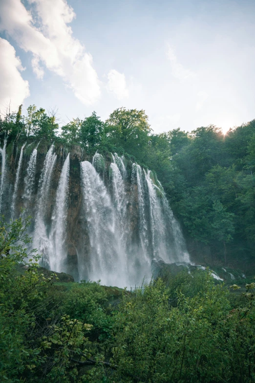 a group of waterfalls rise in the woods