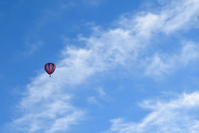 a  air balloon is flying high in the blue sky