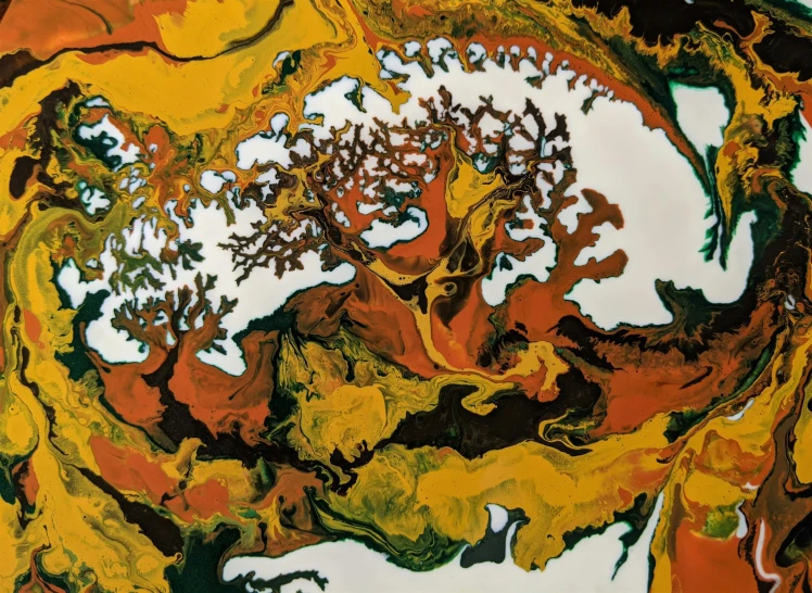 a painting of trees that are in yellow, orange and black