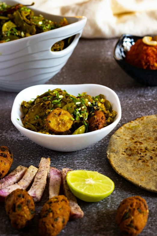 various foods on display in bowls and near an empty bowl