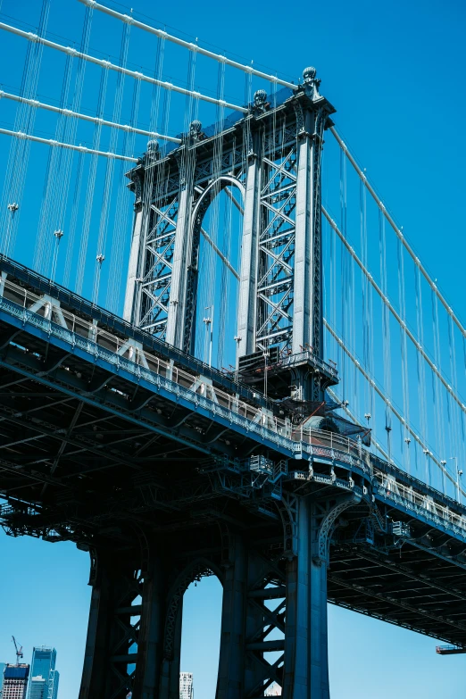 the underside of a suspension bridge with no visible lines