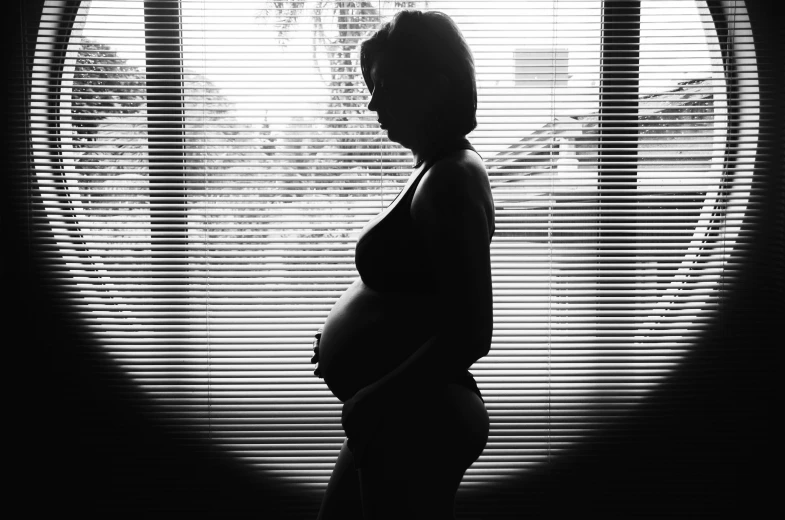 a pregnant woman is posed in front of a window