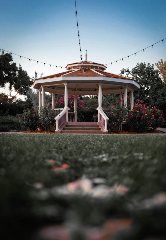 the gazebo sits outside the bushes with some trees