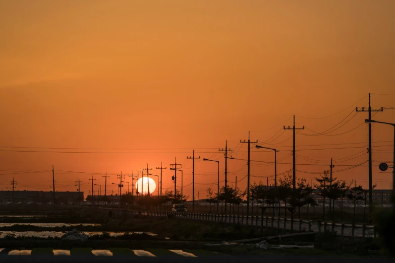 an orange sunset with lots of power lines all around