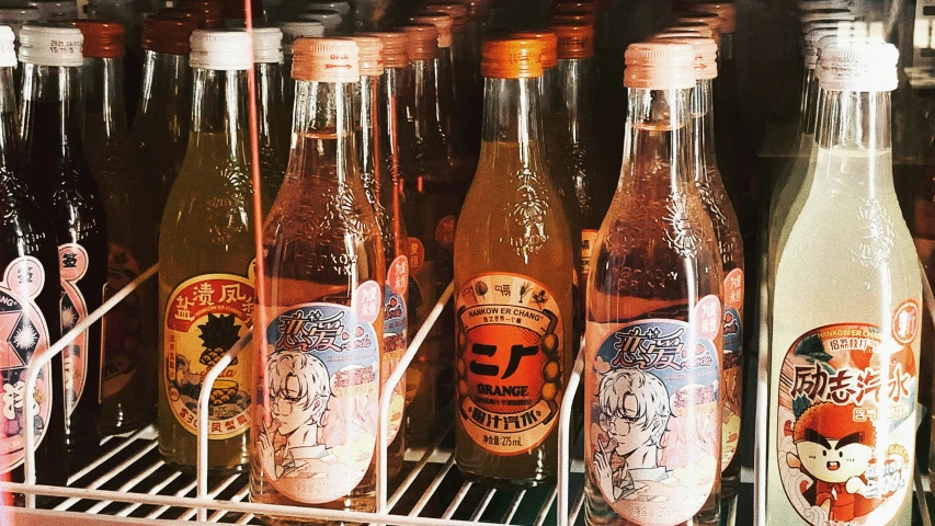 bottles with asian labels on them for sale in a store