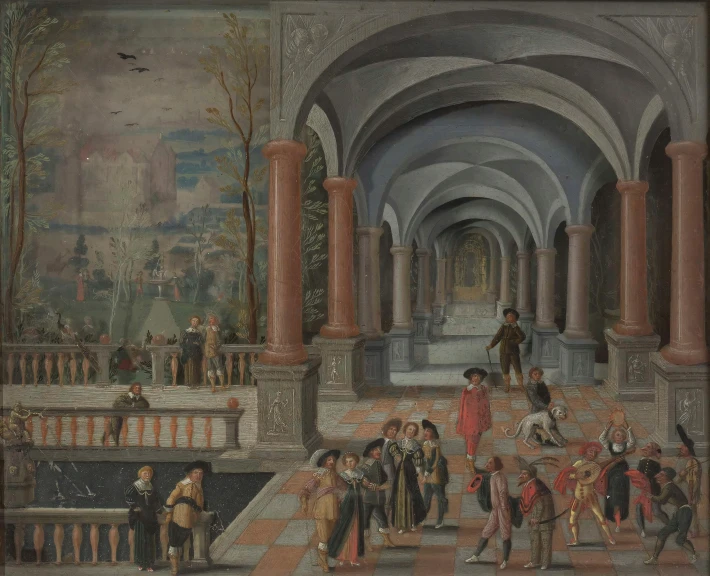 painting of a group of people in a palace