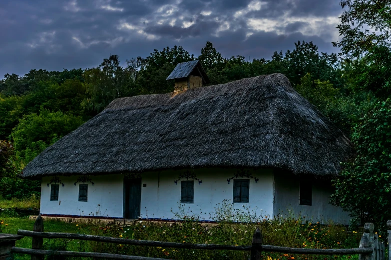 a house with a thatch roof and lots of greenery