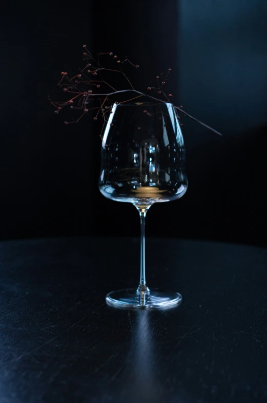 an empty glass of wine on a dark surface