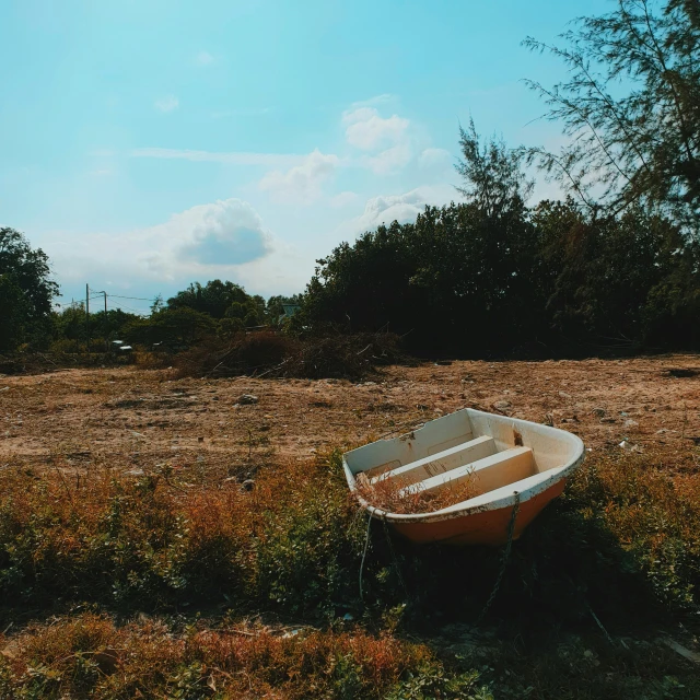 a small boat sitting in the middle of some grass