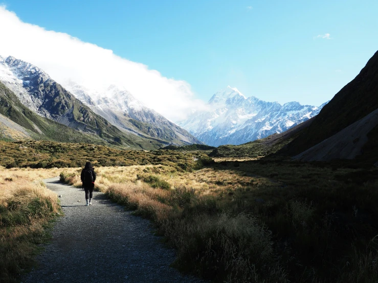 a person standing on the path in between mountains