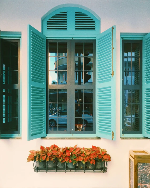 a window in a wall with shutters open and a flower box below it