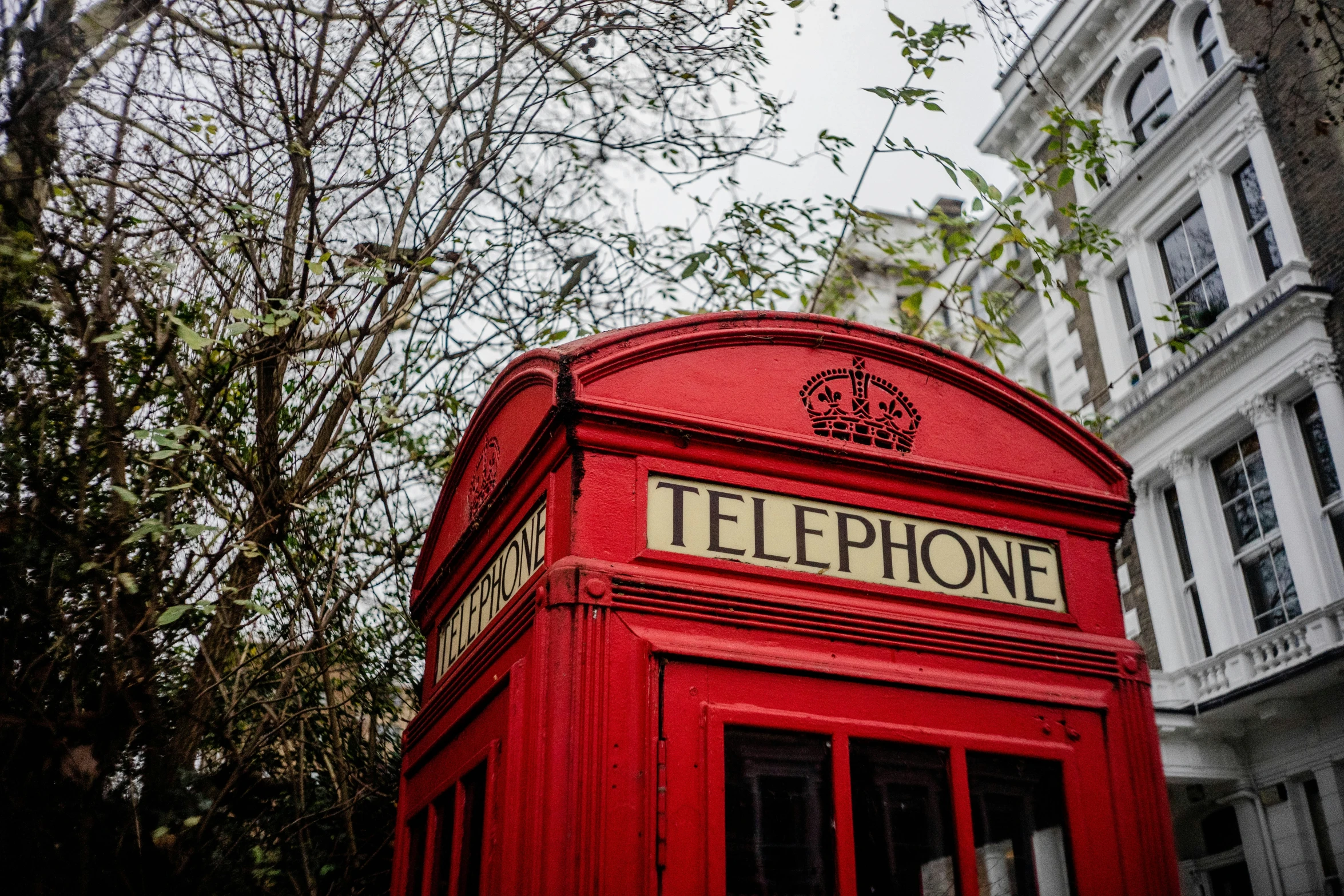 a red telephone booth next to a tree