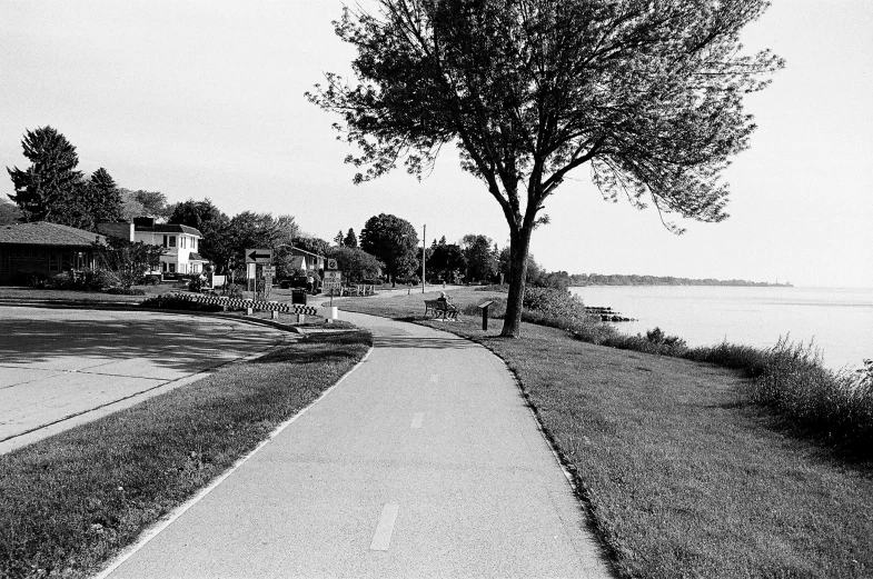 an empty walkway stretches out towards the water