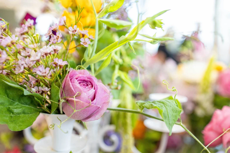 colorful flowers in white vases on display in an outdoor flower shop