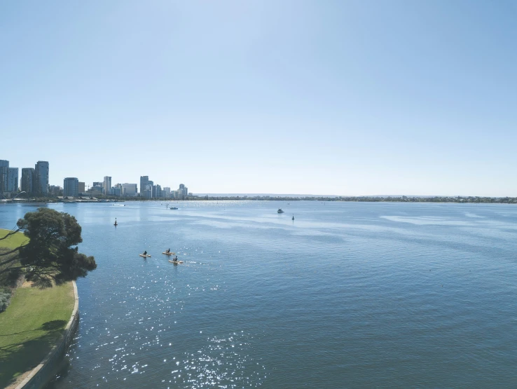 a city skyline and body of water with boats