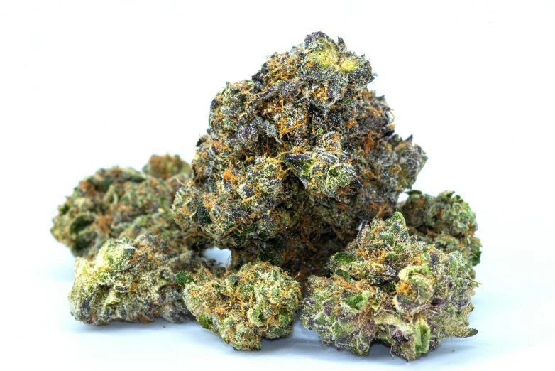 a pile of green and orange weed on a white background