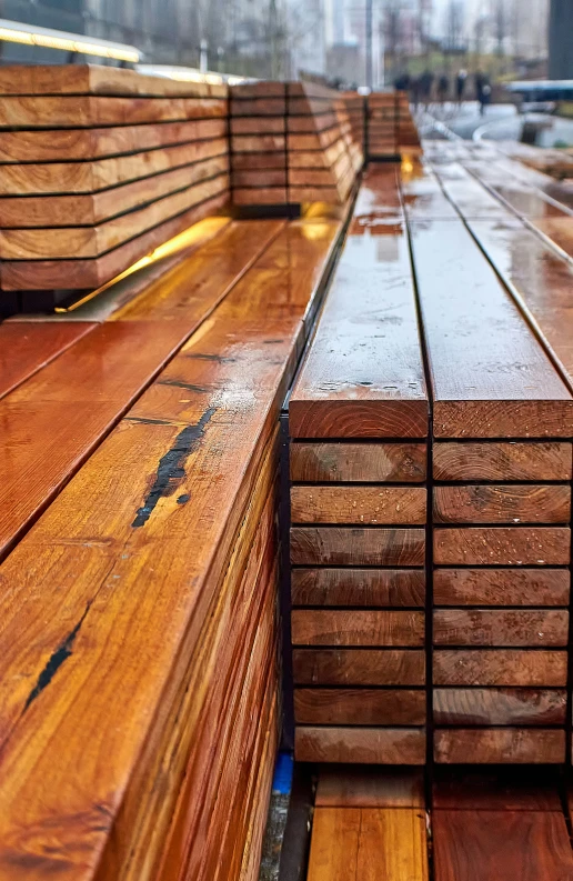 the back and side of two benches in the rain