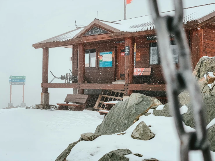 the front porch and entrance to a ski lodge covered in snow