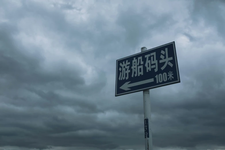 a blue and white street sign under a cloudy sky