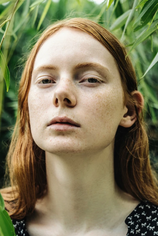 a woman sitting amongst some very tall green leaves