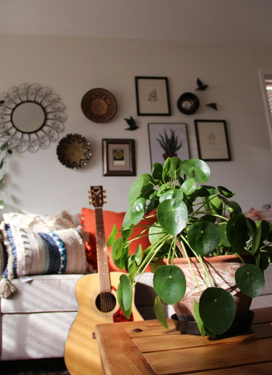 a living room area with a guitar on a coffee table
