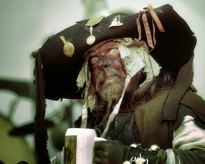 the pirate man is wearing a hat and holding a drink