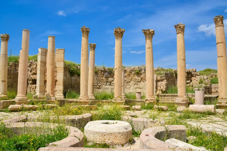 several rows of stone pillars in a grassy area