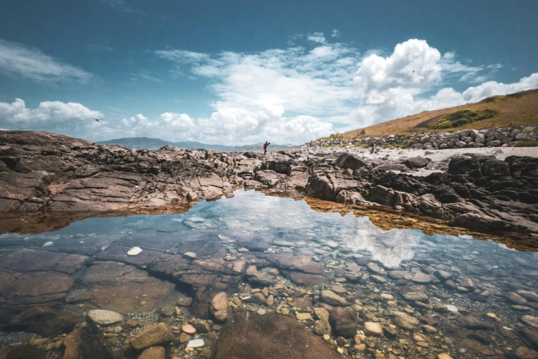 some clear water with rocks rocks and a person