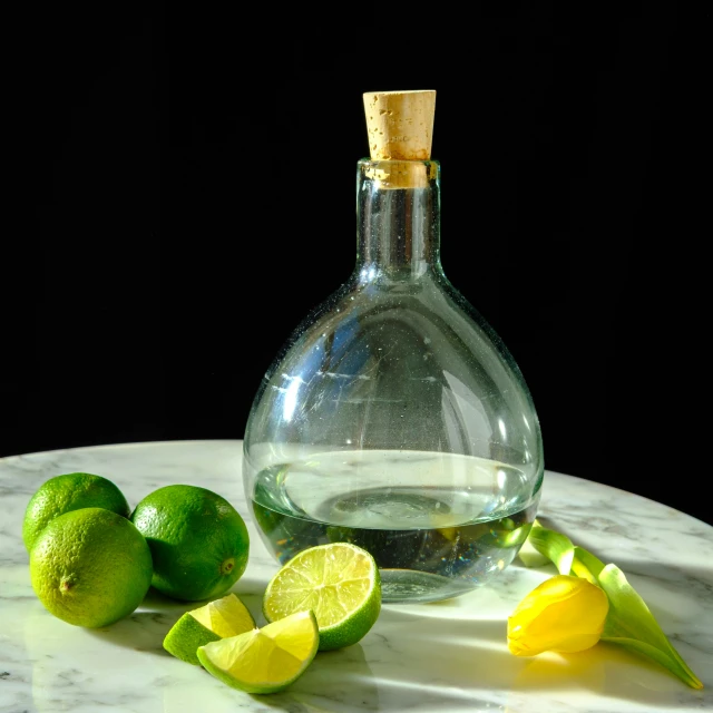 a bottle with lemons, lime and lemon wedges on it