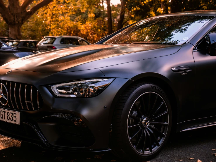 a very shiny metallic car parked next to some parked cars