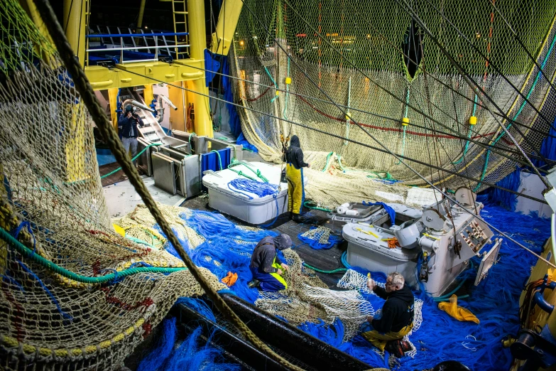 an assortment of fishing nets in an indoor enclosure