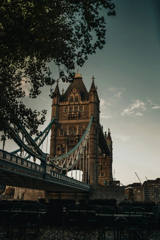 view of a tower bridge with a river running underneath it