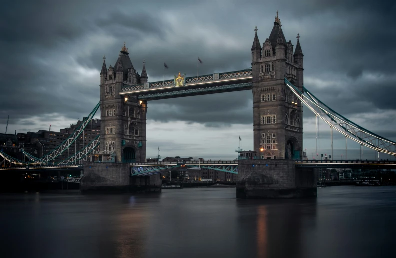 the tower bridge in london, england with rain and a dark sky