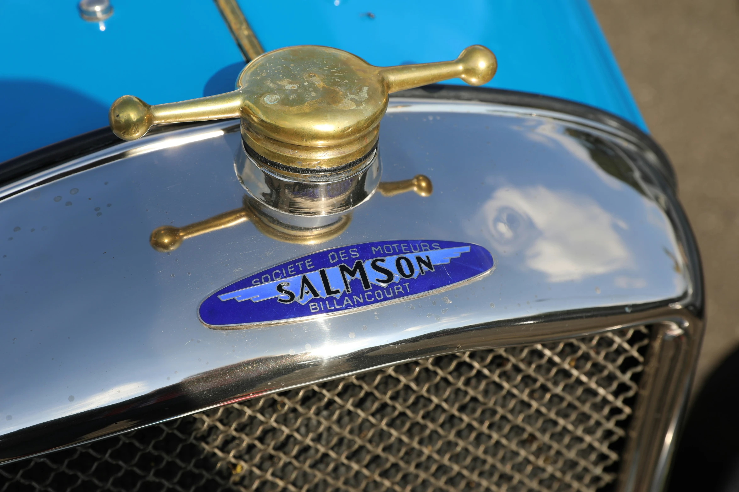 a blue car emblem and golden finial on it