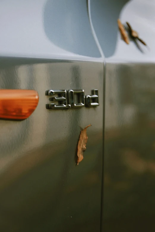 close up po of emblem and lettering on silver car