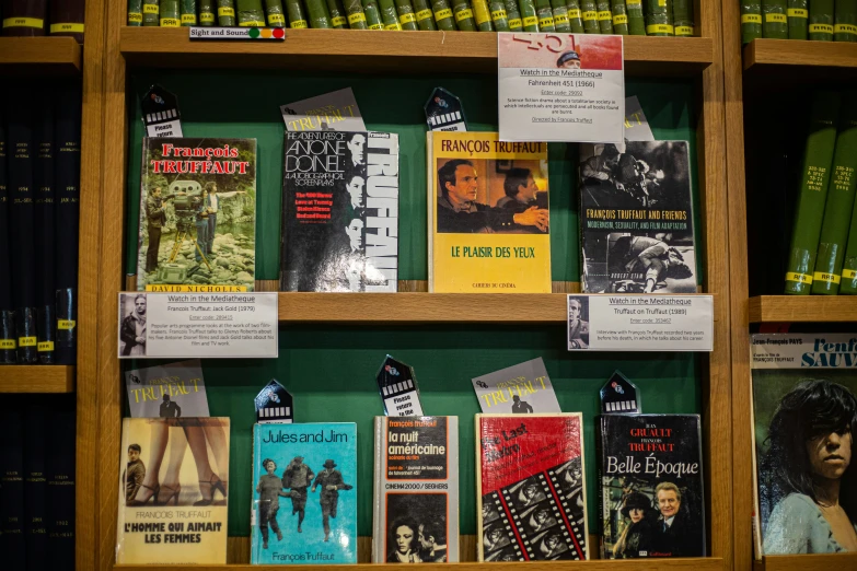 books are displayed in the back of a wooden bookcase