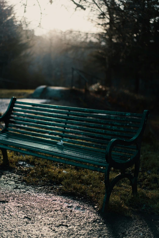 a metal bench sitting on a wet grass covered sidewalk