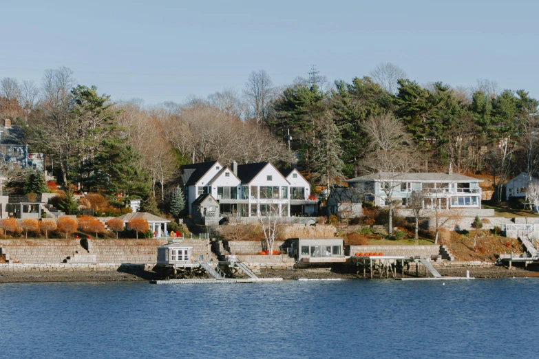 houses are on the shoreline and houses on the water