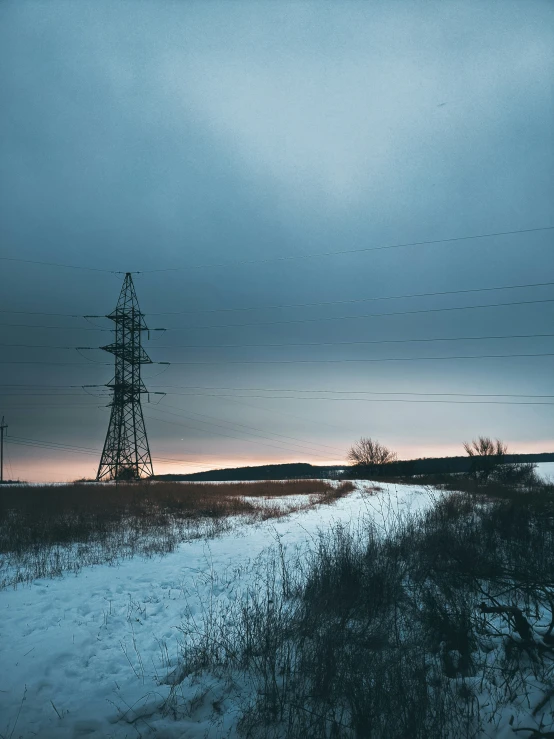 snow covered ground in front of power lines