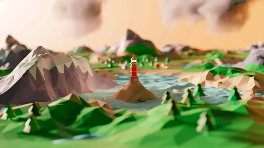 a stylized image of a small island with a red lighthouse