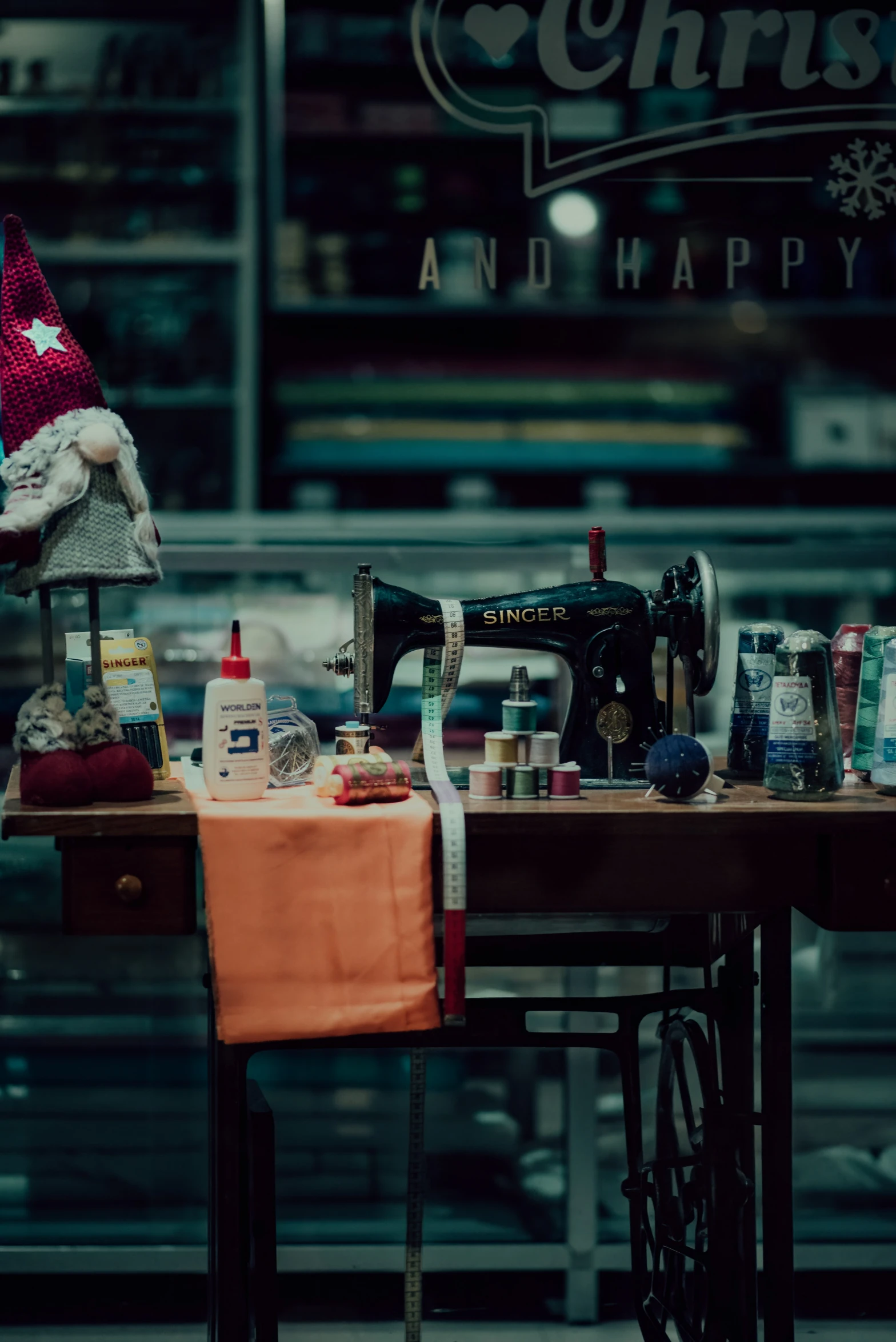 a sewing machine and some items on a table