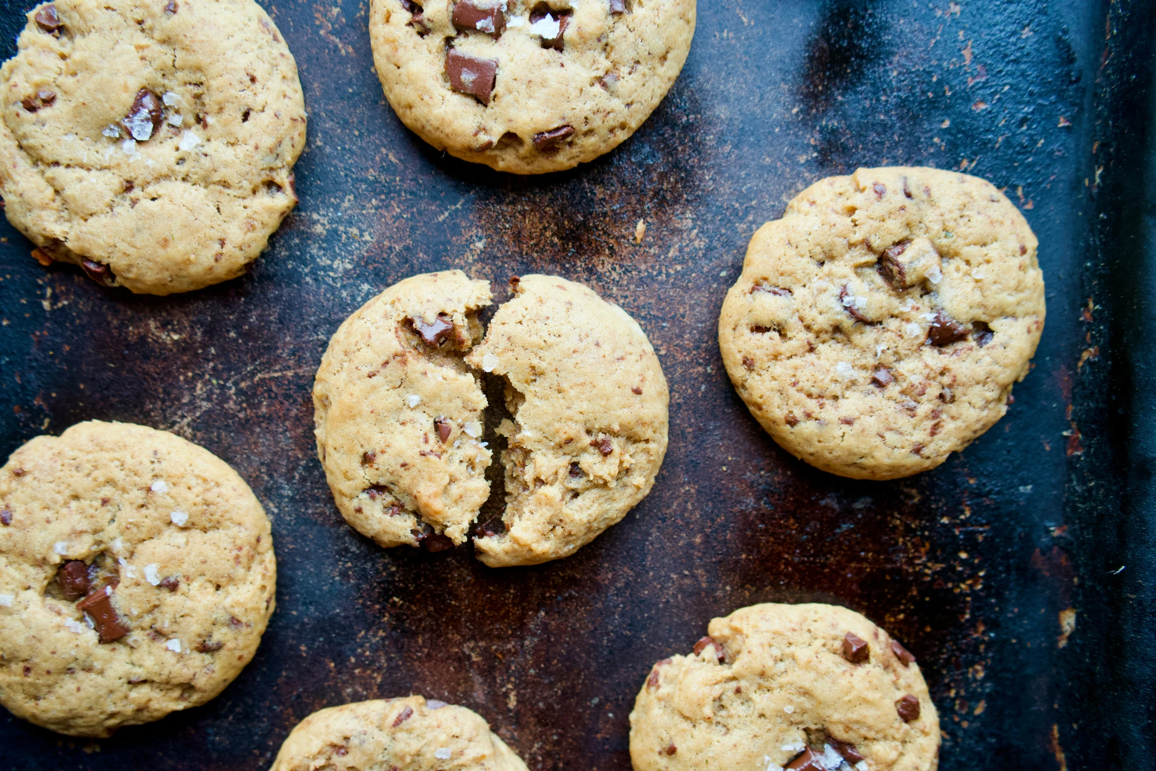 nine chocolate chip cookies on a baking sheet