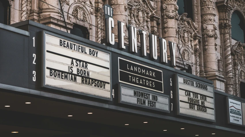 a building is shown with several large theater signs